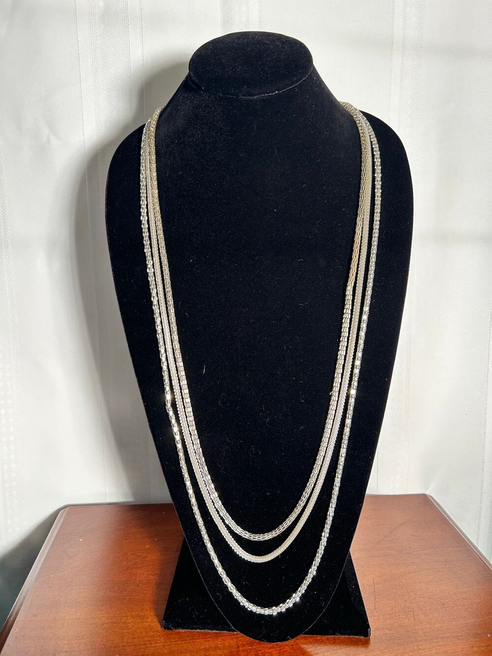 Silver Tone Three Strand Chain Necklace Textured Mesh & Woven Link Layered